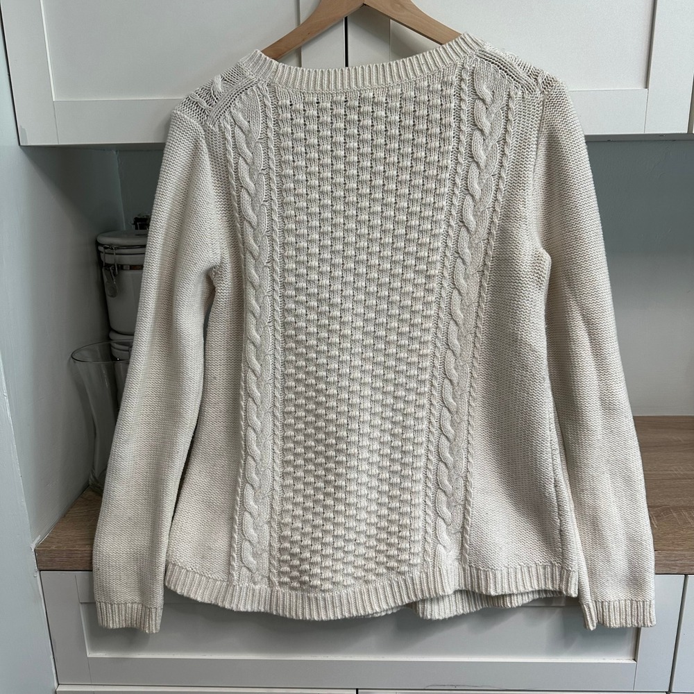 J.Crew Cable‎ Knit Sweater Womens M Cream Cotton Wool Crewneck Fisherman Coastal - Picture 2 of 13